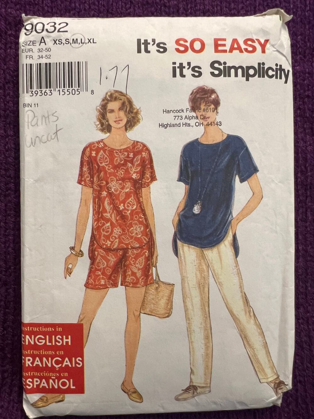 simplicity 9032 Sewing pattern top tunic pants shorts size xs s m